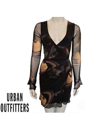 Urban Outfitters Sheer Wrap-Around Mini Dress - Size XS - Black Abstract Pattern